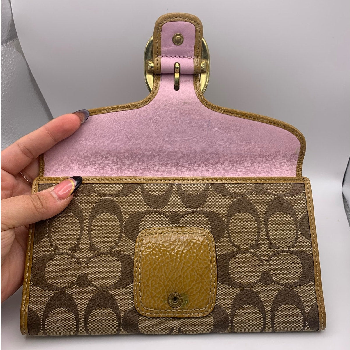 y2k COACH Brown Tan Legacy Signature Canvas Patent Leather Wallet