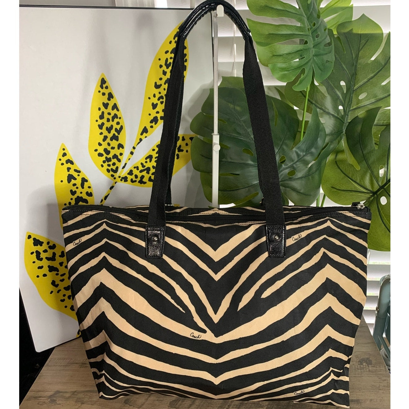 Coach y2k Devin Black Tan Zebra Print Nylon Overnight Tote Pouch