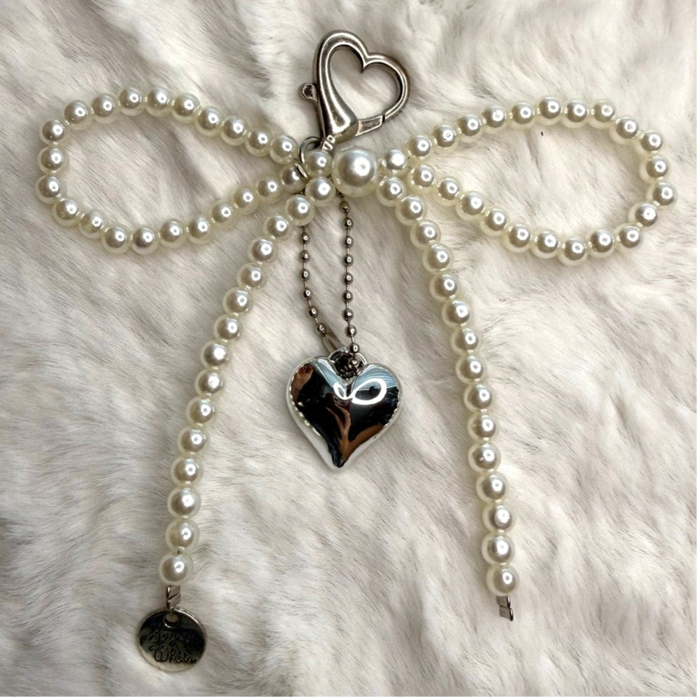 White Bowknot Heart Sweet Charm Pearl Bow Bag Charm Fashion Charm