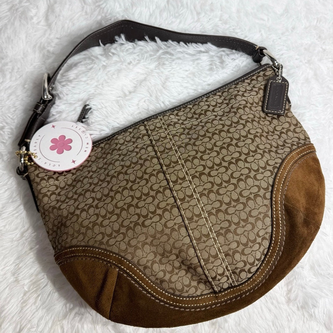 y2k COACH Brown Jacquard Canvas Suede Hobo Shoulder Bag