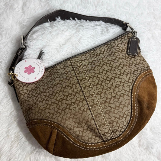 y2k COACH Brown Jacquard Canvas Suede Hobo Shoulder Bag