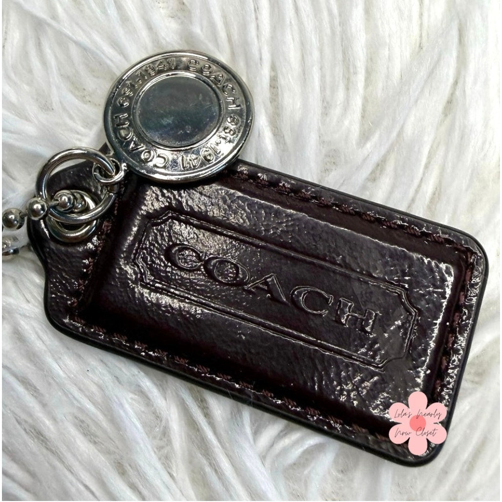 2” COACH Set Patent Leather Brown and Metal Fob Bag Charm Hang tag Hangtag