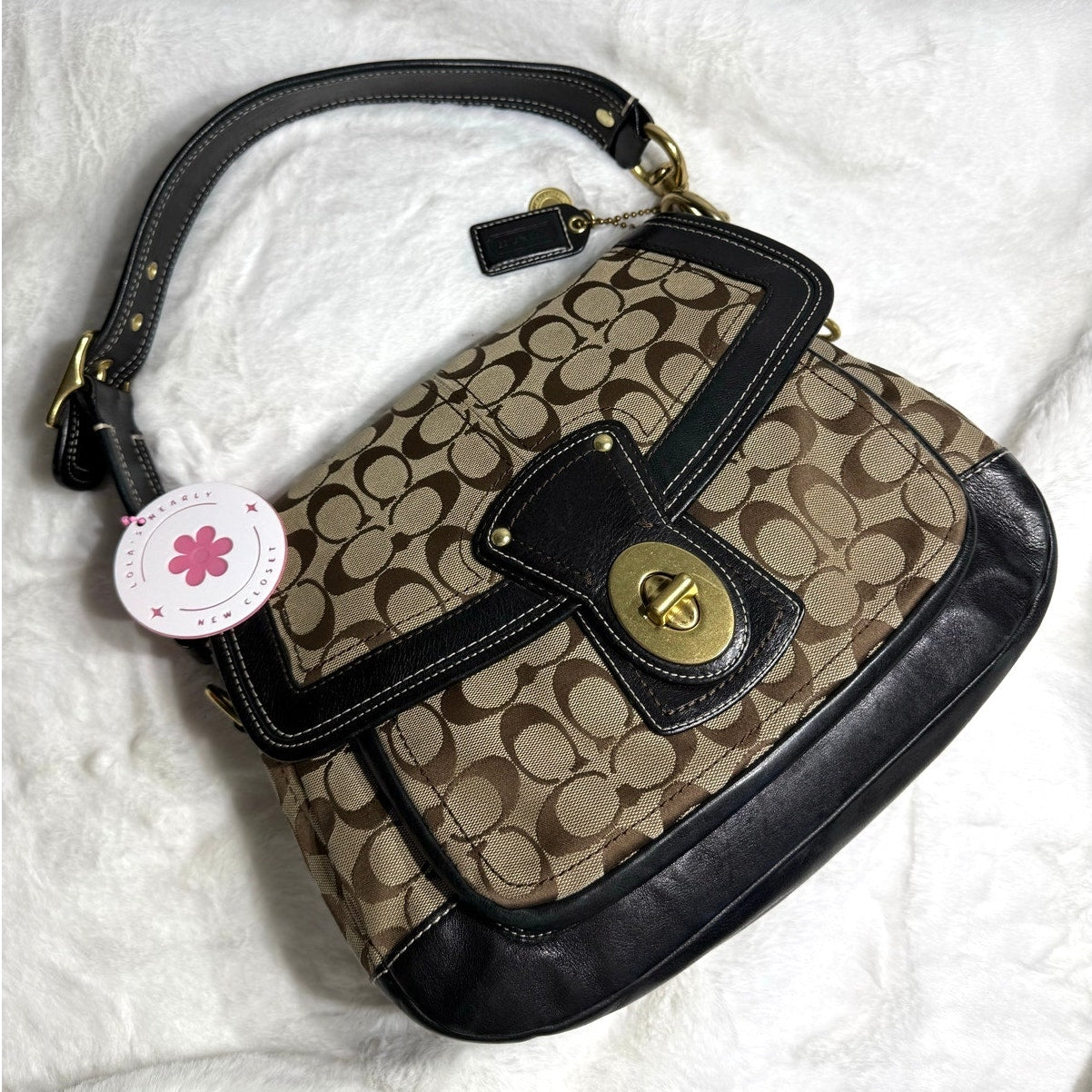 y2k COACH Vintage Black Brown Khaki Signature Legacy Flip Turnlock