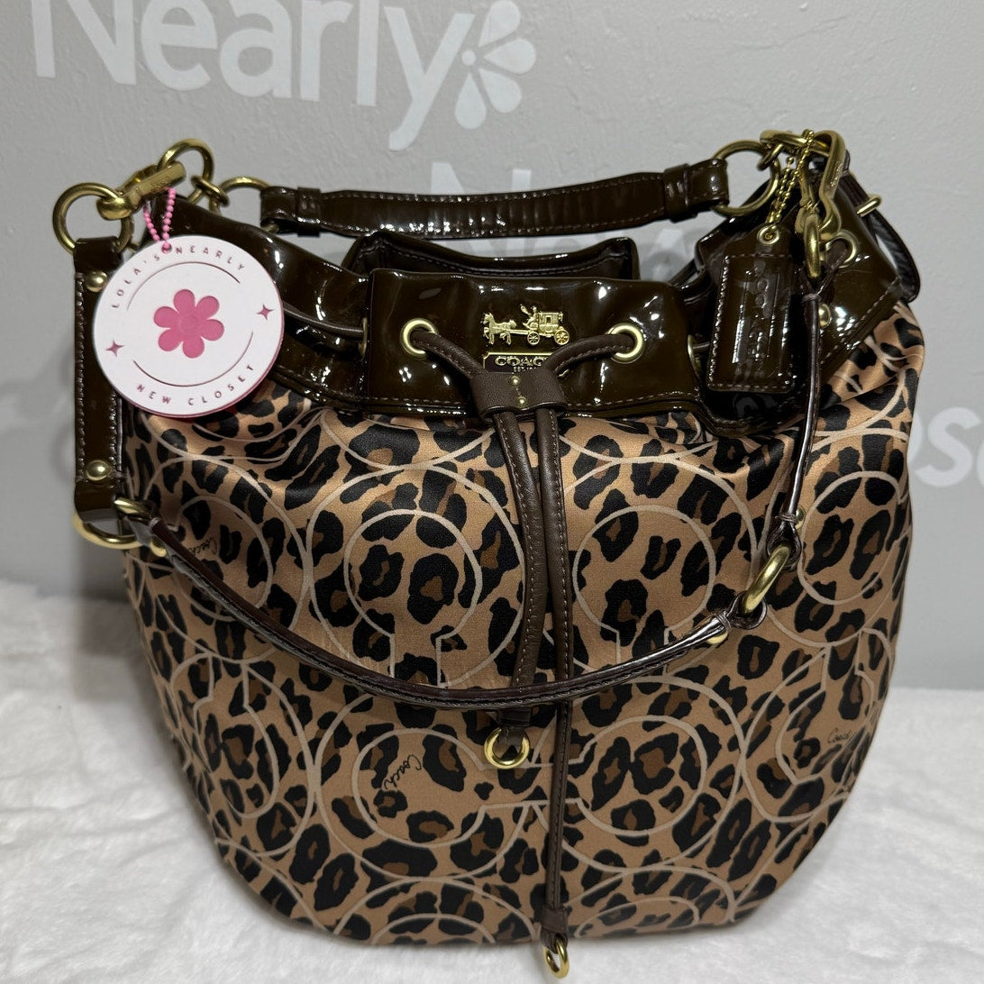 Coach Madison Ocelot OP Art Marielle Patent Leather Trim Bucket Drawstring Bag