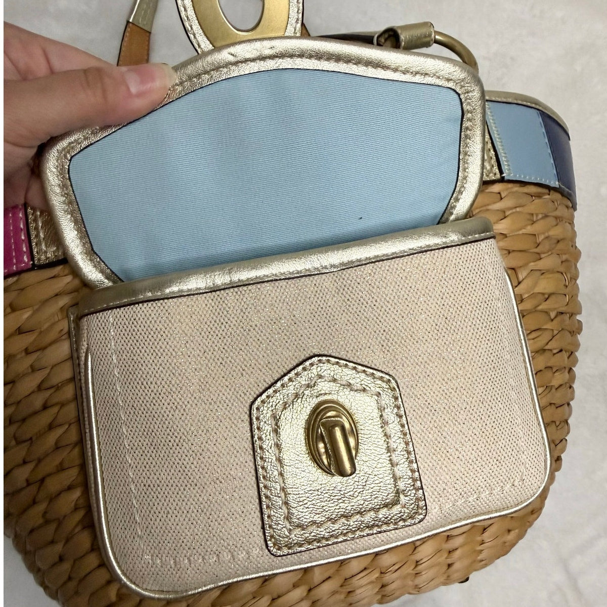 Vintage Coach y2k 2006 Legacy Stripe Straw Basket Bag