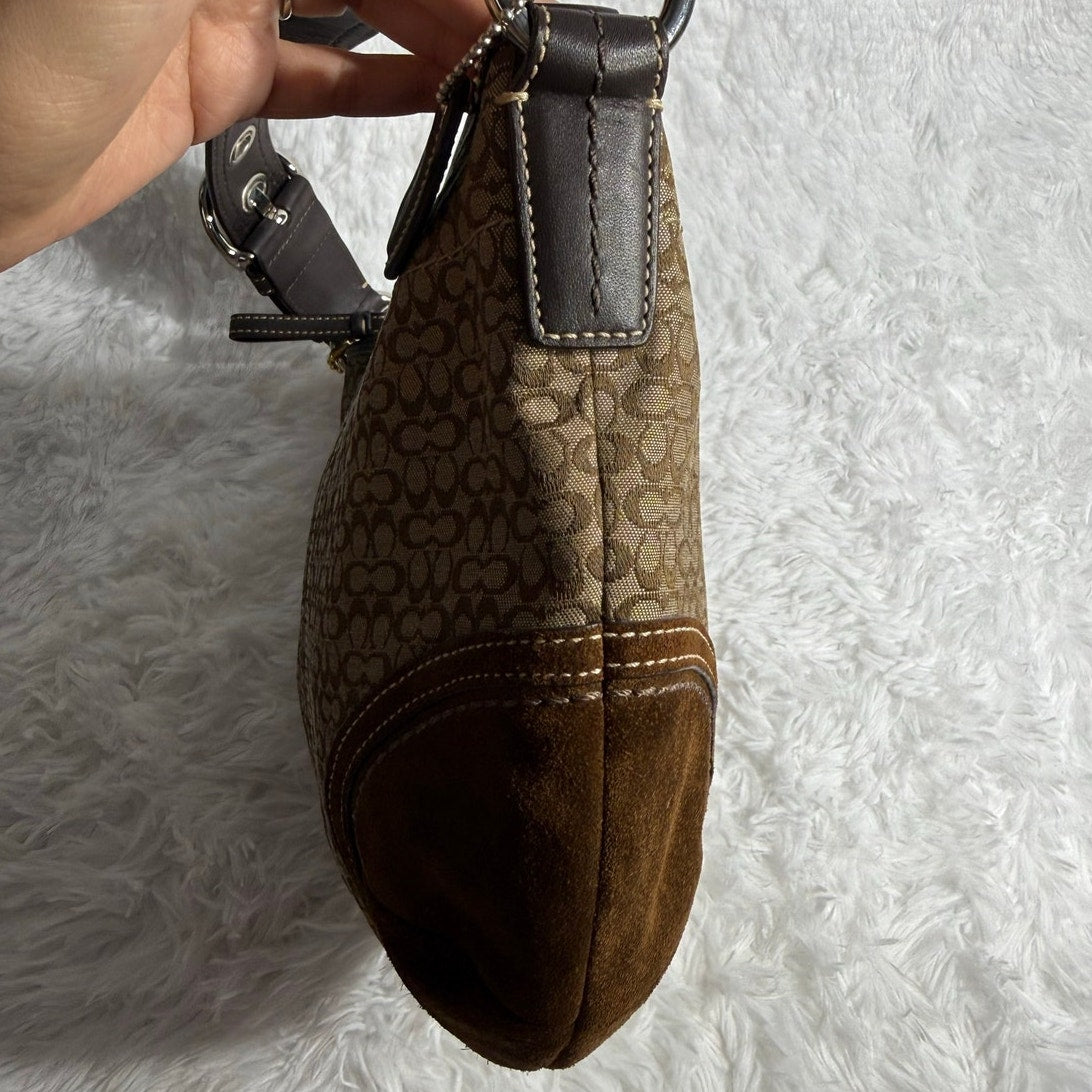 y2k COACH Brown Jacquard Canvas Suede Hobo Shoulder Bag