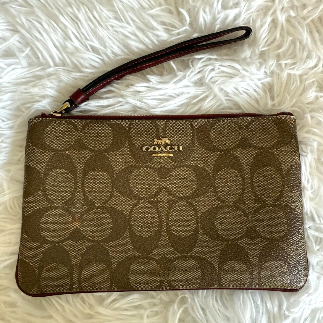 COACH Brown Burgundy Coat Canvas Wristlet w/ Card Slots