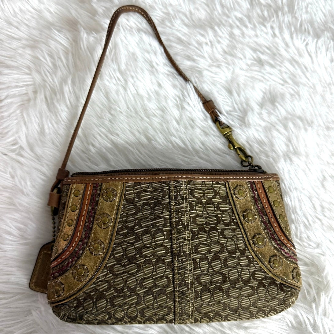 COACH Brown Signature Stub Suede Canvas Wristlet