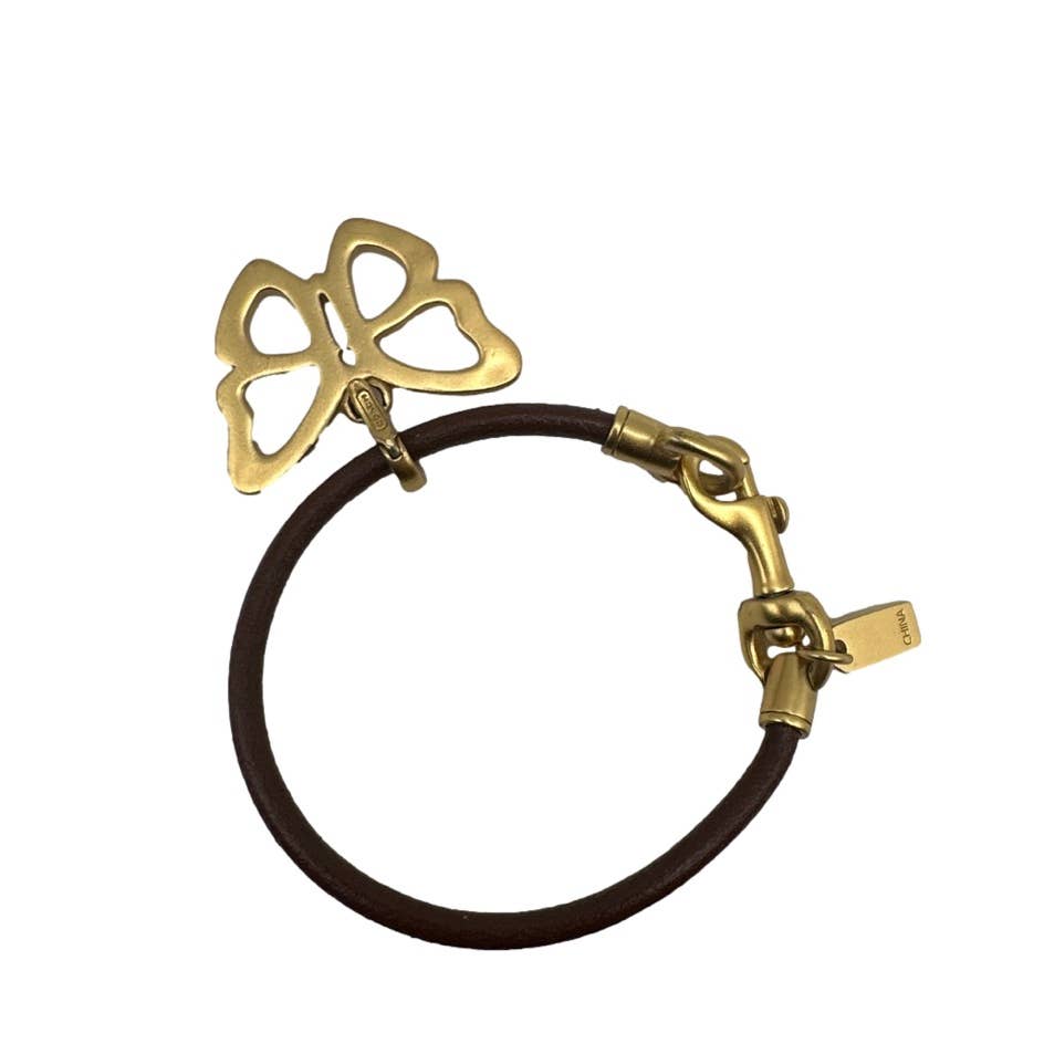 COACH Brown Leather Gold Tone Hook Clip with Butterfly Bracelet