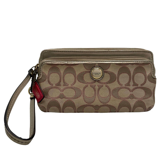 COACH Gold, Tan, and Pink Signature Canvas Wristlet