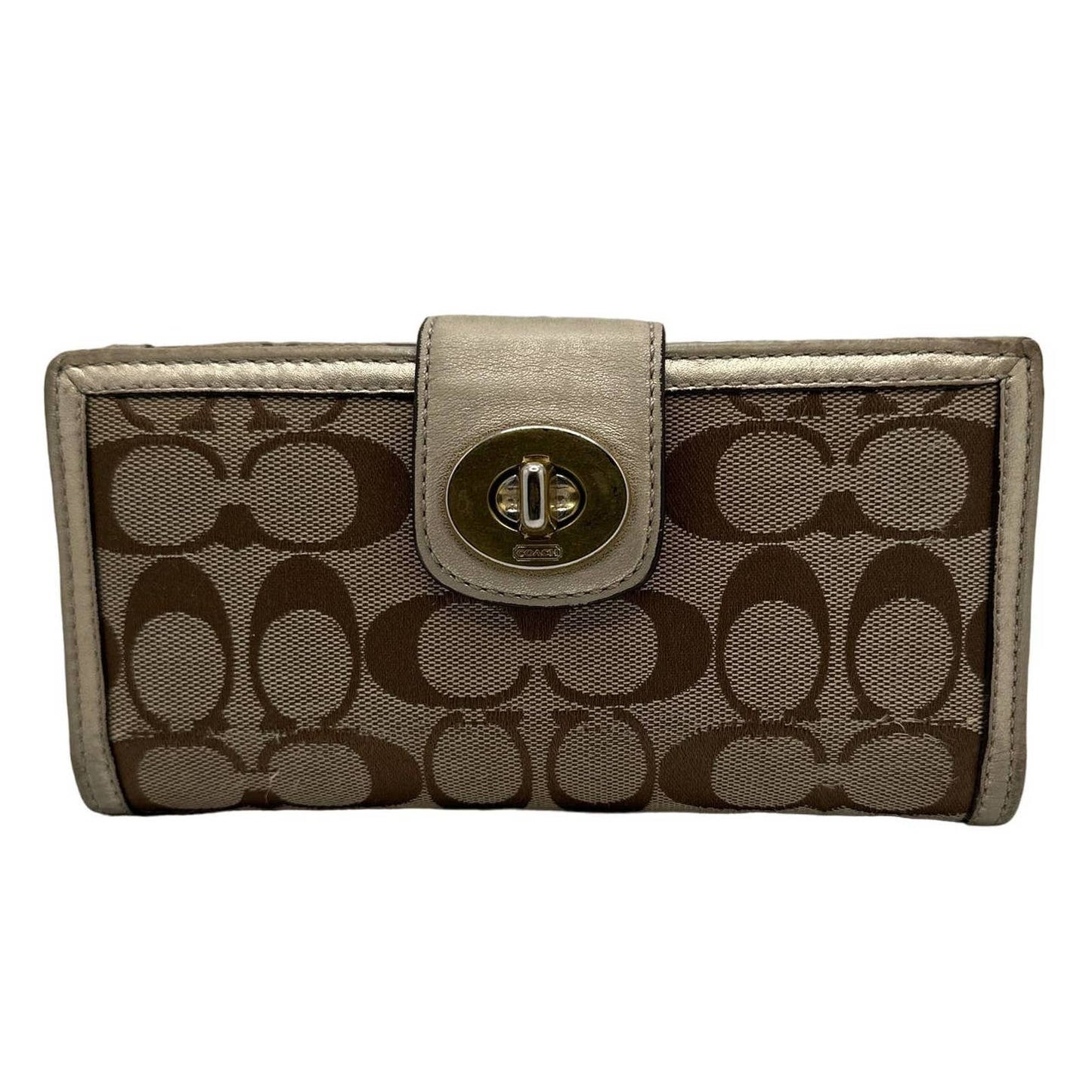 COACH Gold and Tan Signature Canvas Turnlock Wallet w/ Checkbook