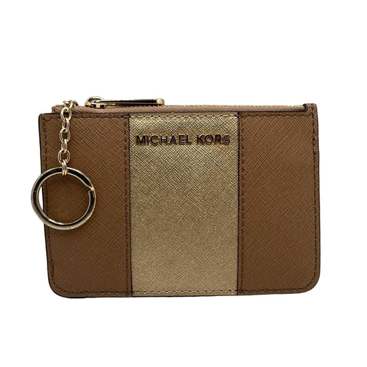 MICHAEL KORS Gold & Tan Middle line Coin purse / Cardholder with keychain