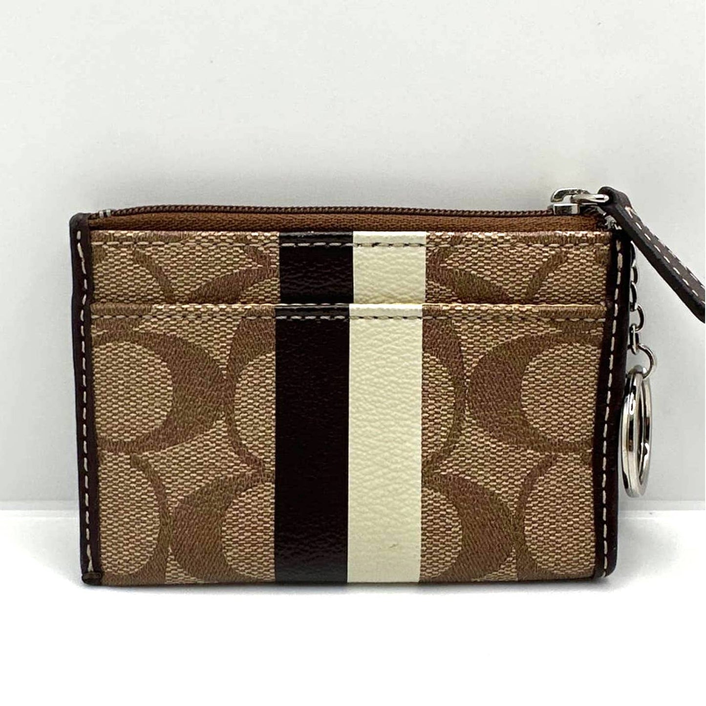 COACH Brown and Cream Coated Canvas Coin Purse / Cardholder with Keychain