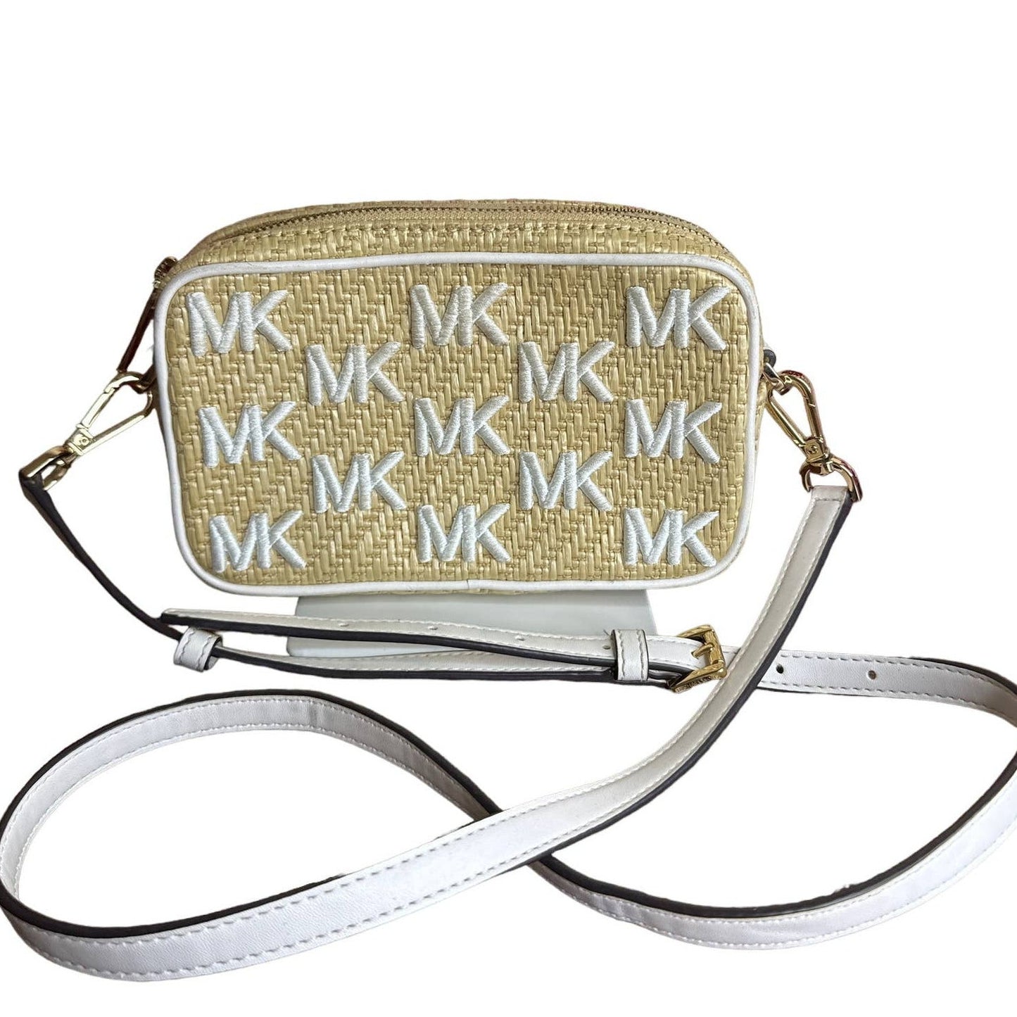 MICHAEL KORS Kenly Double Zip Natural Straw Small Camera Crossbody