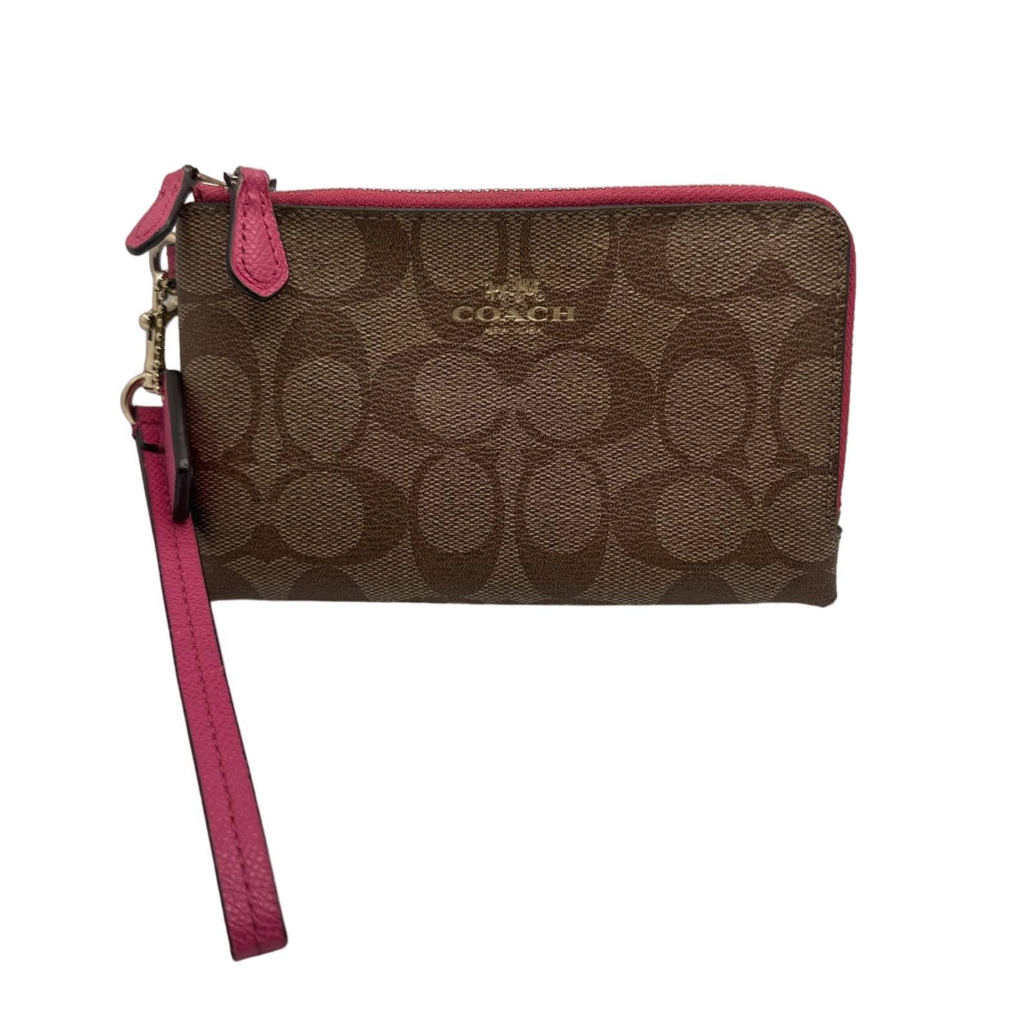 COACH Pink and Brown Signature Coated Canvas Wristlet