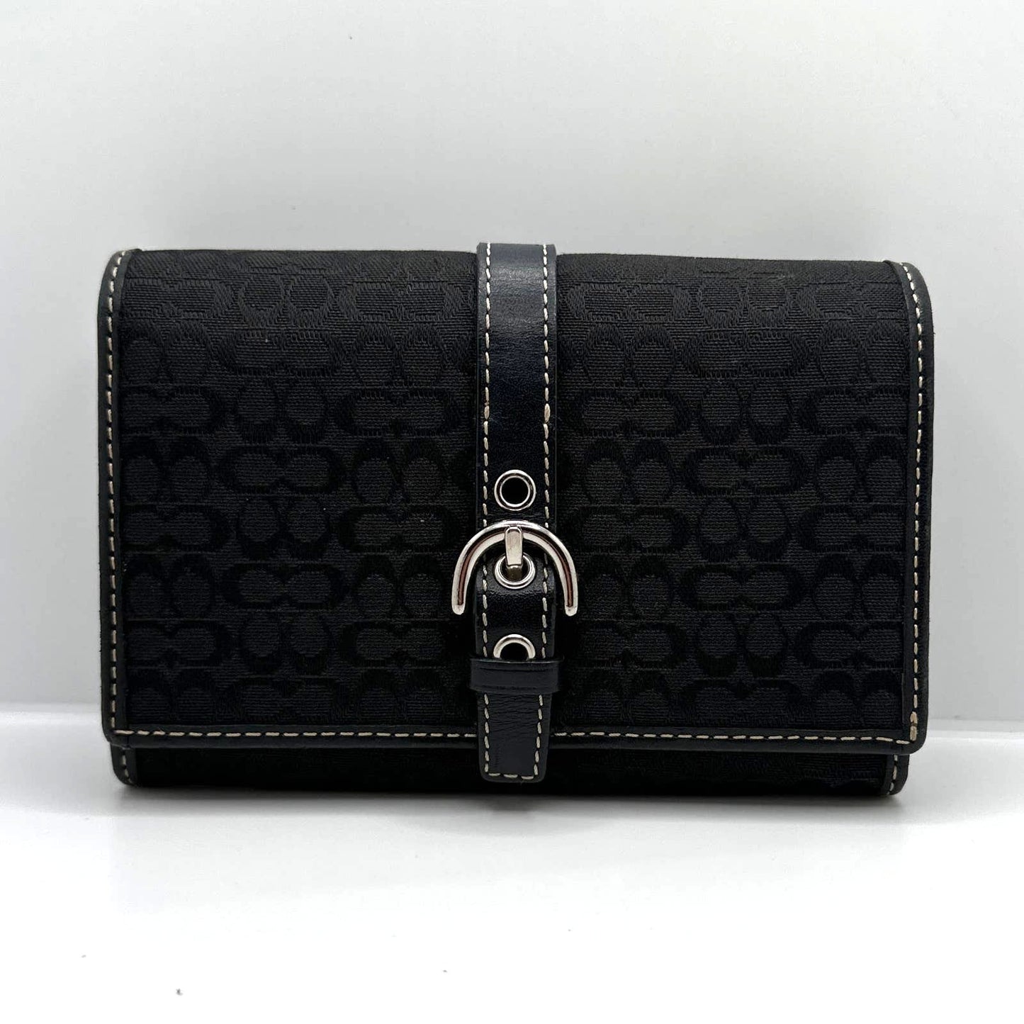 COACH y2k Black Signature Canvas Hampton Buckle Compact Wallet