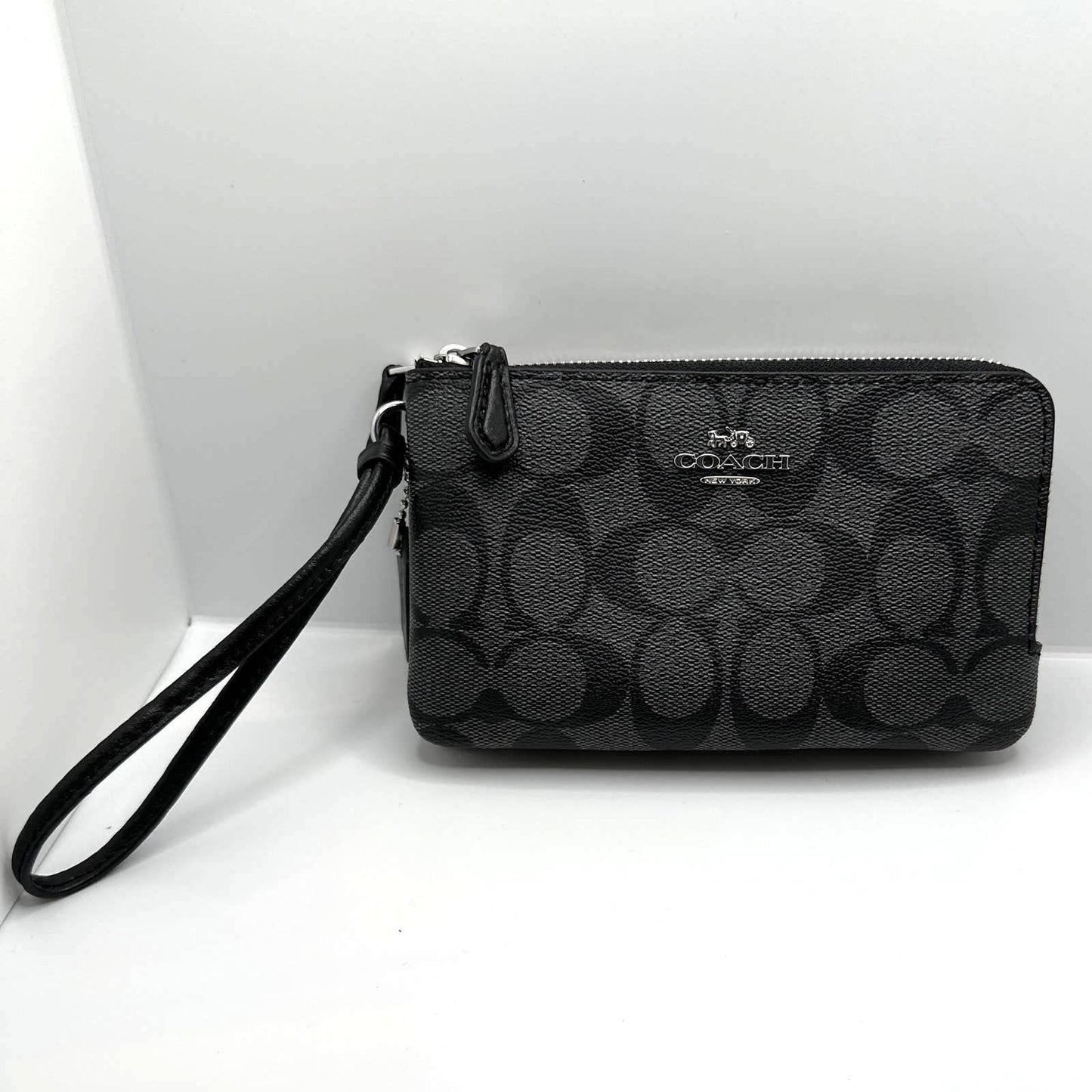 COACH Black and Gray Signature Coated Canvas Wristlet