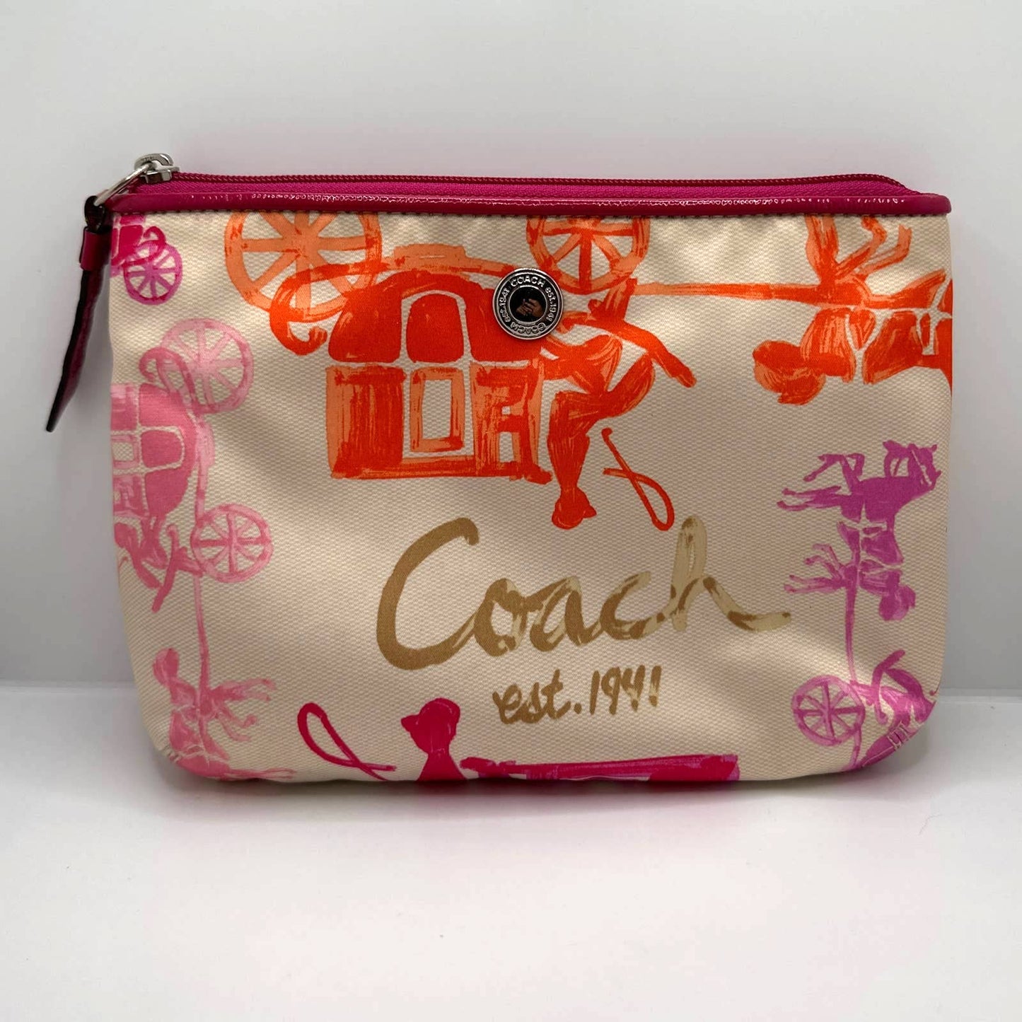 COACH Horse Carriage Fuchsia, Cream, and Orange Makeup Bag / Pouch