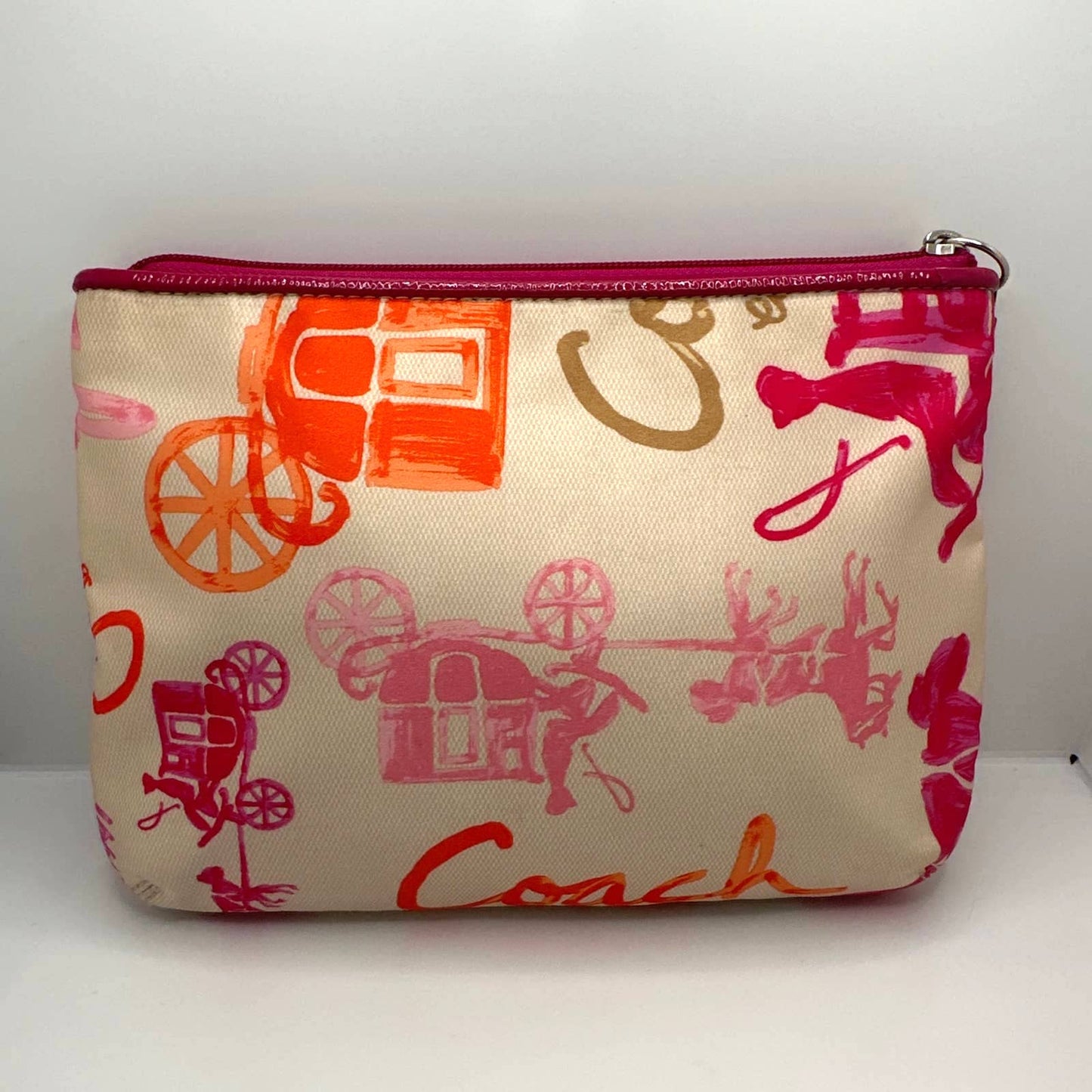 COACH Horse Carriage Fuchsia, Cream, and Orange Makeup Bag / Pouch