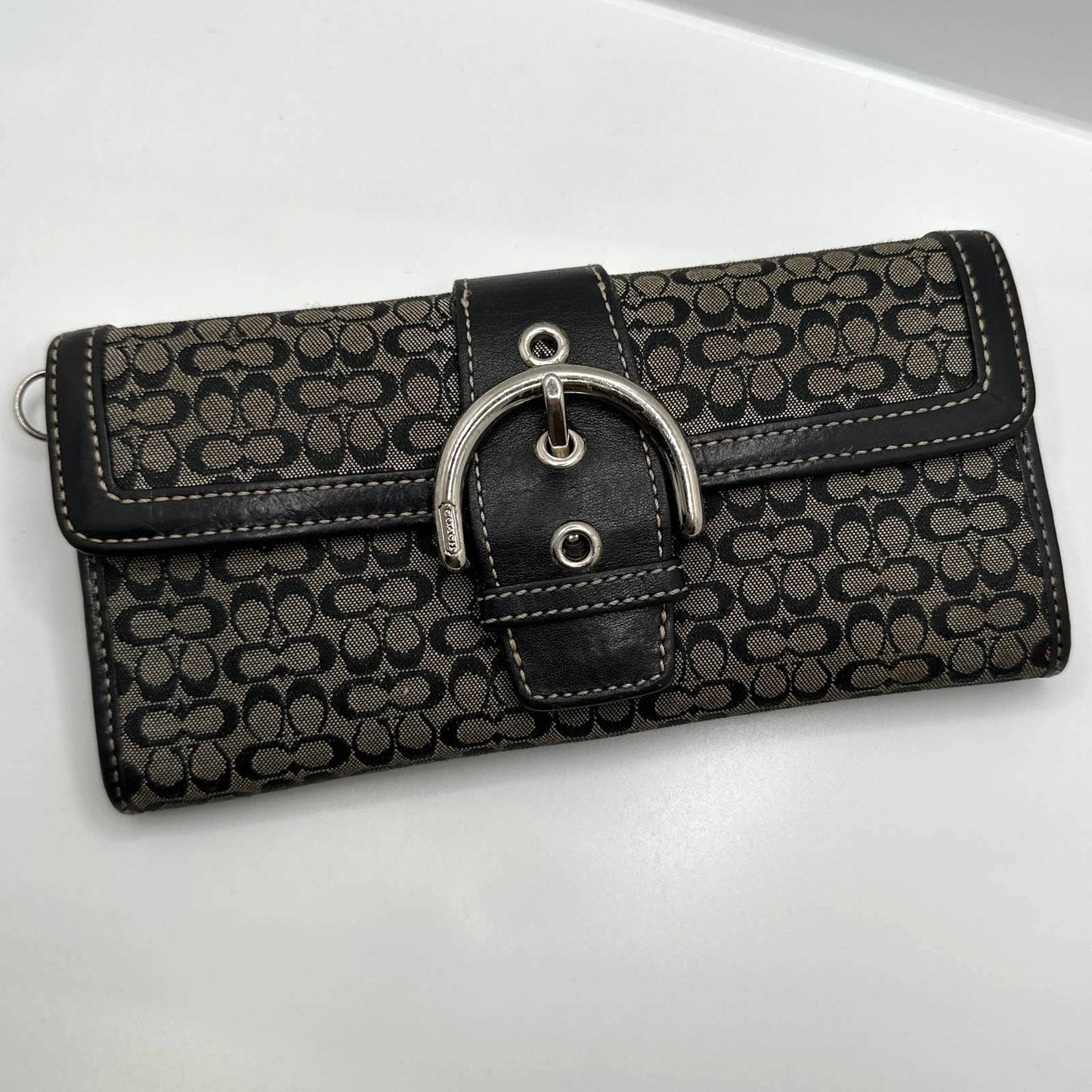 COACH Black and Gray Signature Canvas Buckle Wallet