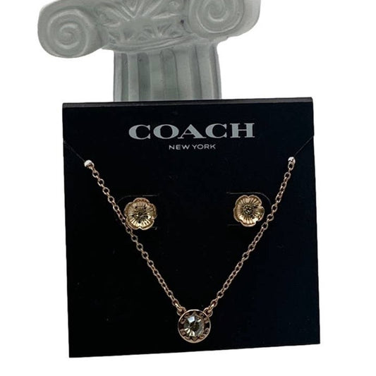 NWT COACH Signature Rose Gold Tone Floral Earrings Studs and Necklace Set