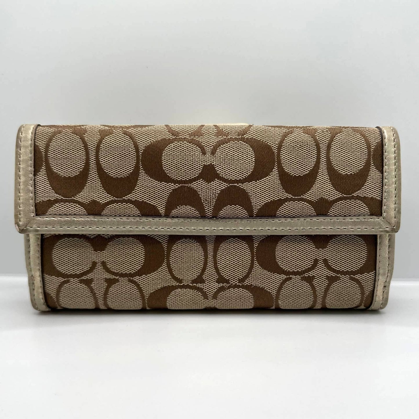 COACH Gold and Tan Signature Canvas Turnlock Wallet w/ Checkbook