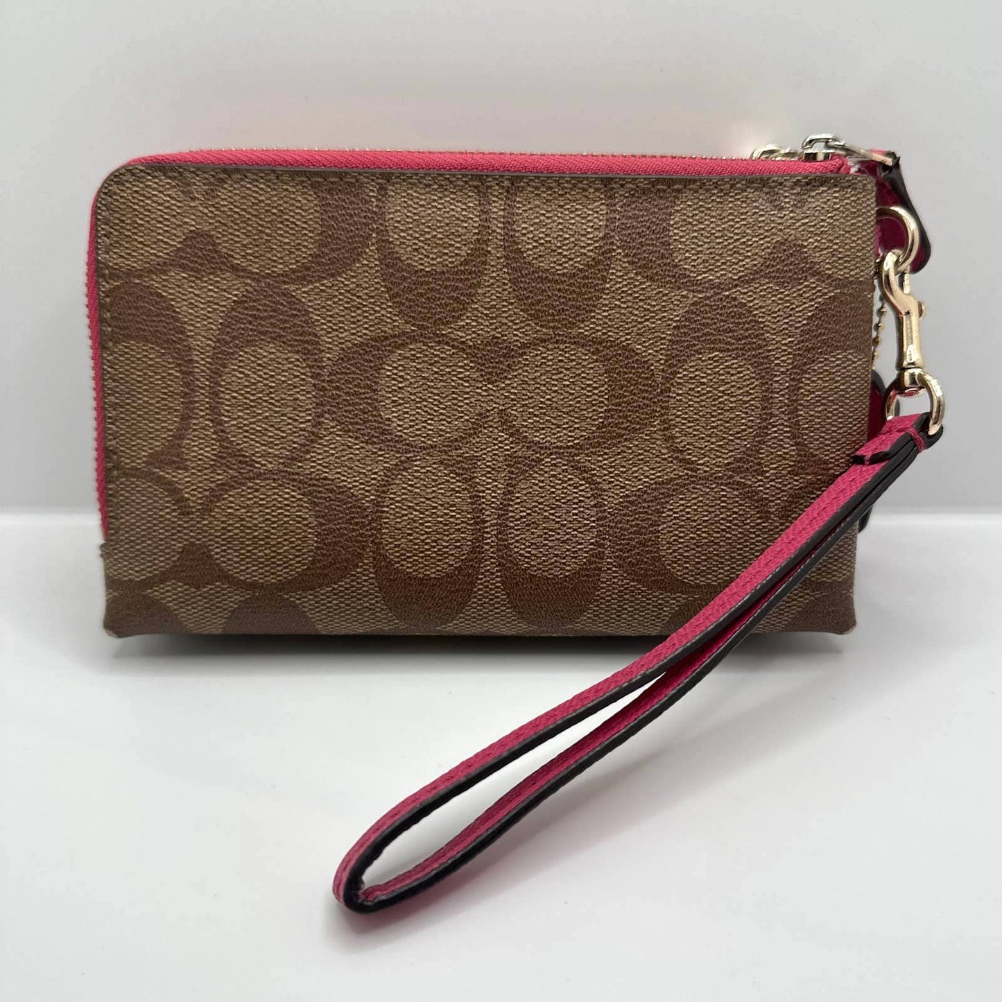 COACH Pink and Brown Signature Coated Canvas Wristlet