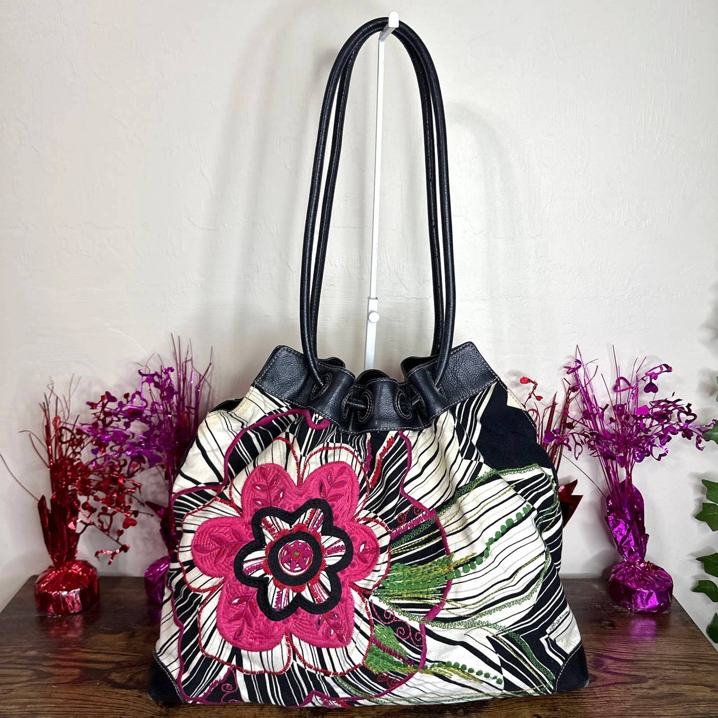 BRIGHTON Floral Canvas Leather Trim Tote Satchel Shoulder Bag