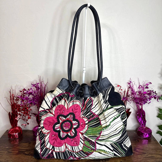BRIGHTON Floral Canvas Leather Trim Tote Satchel Shoulder Bag