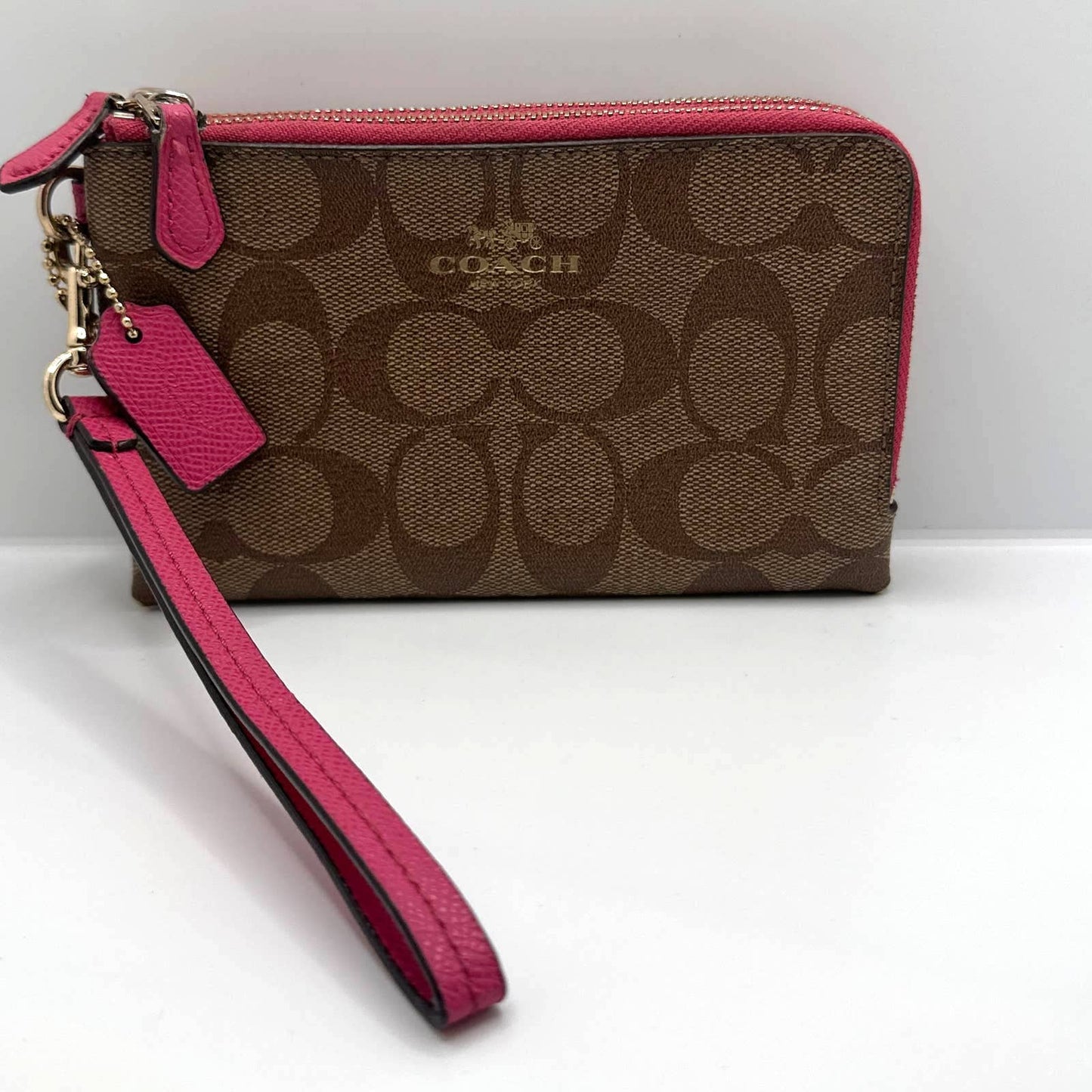 COACH Pink and Brown Signature Coated Canvas Wristlet