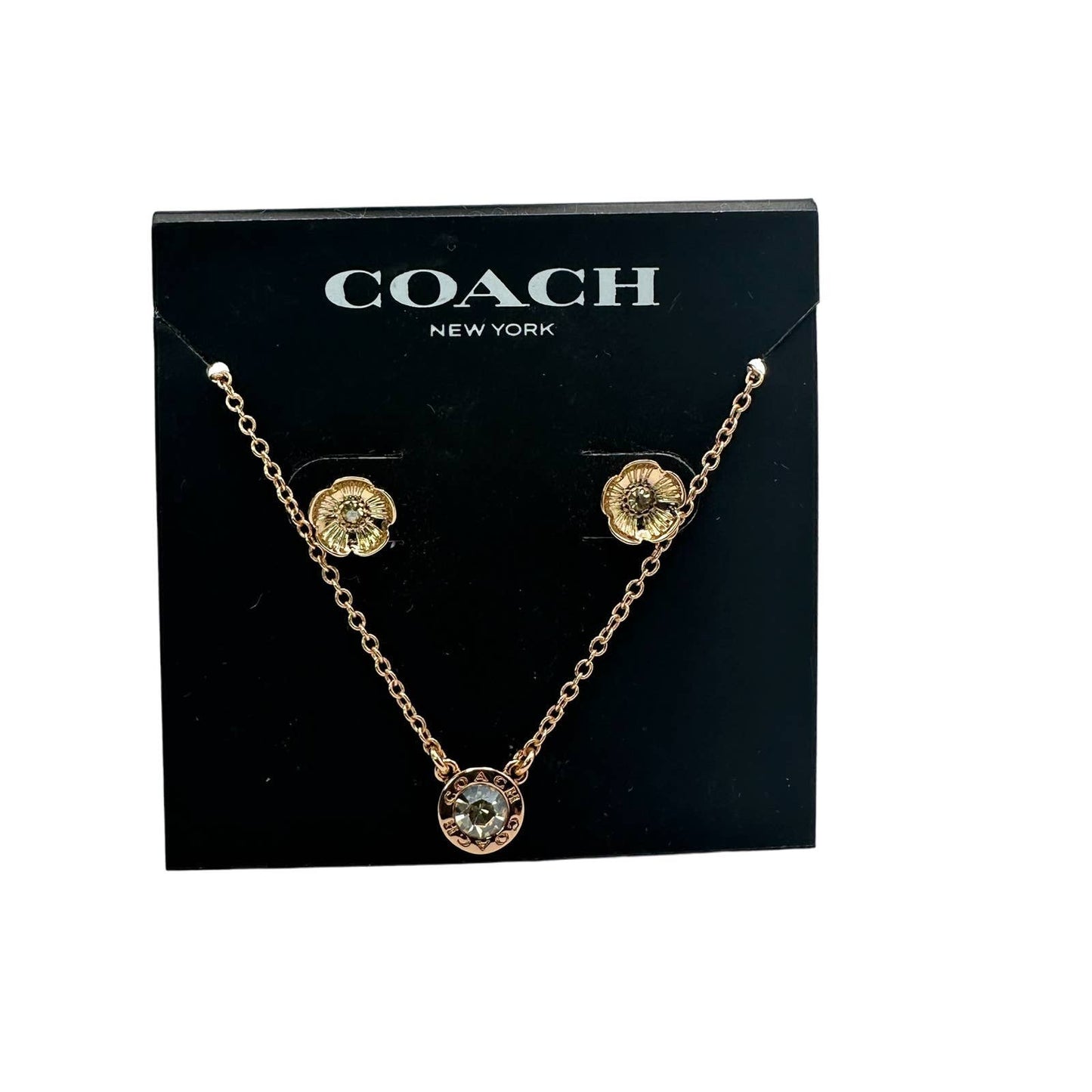 NWT COACH Signature Rose Gold Tone Floral Earrings Studs and Necklace Set