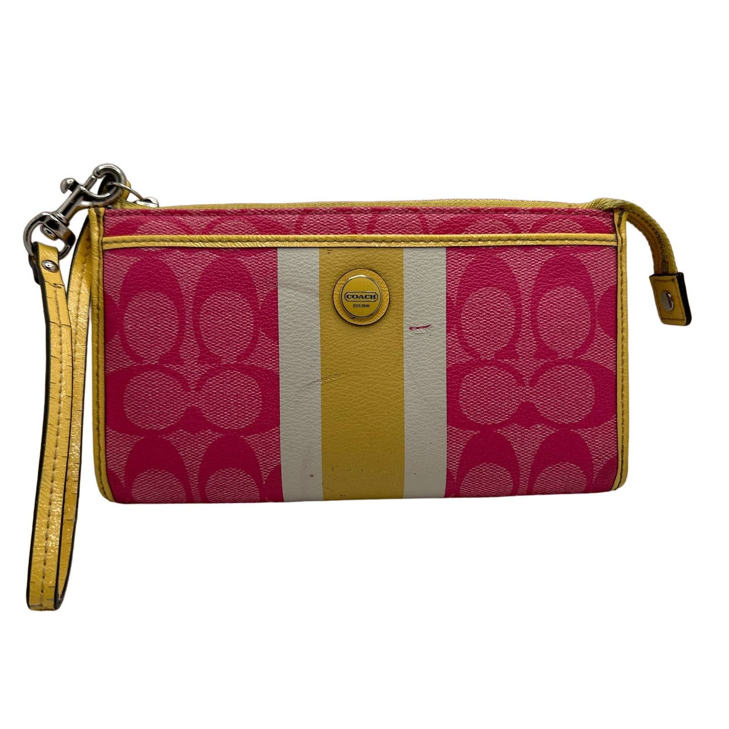COACH Pink and Yellow Signature Coated Canvas Wristlet