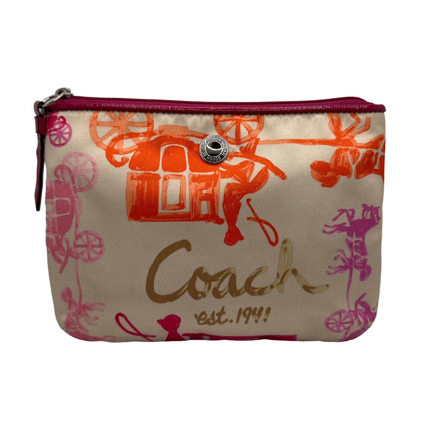 COACH Horse Carriage Fuchsia, Cream, and Orange Makeup Bag / Pouch