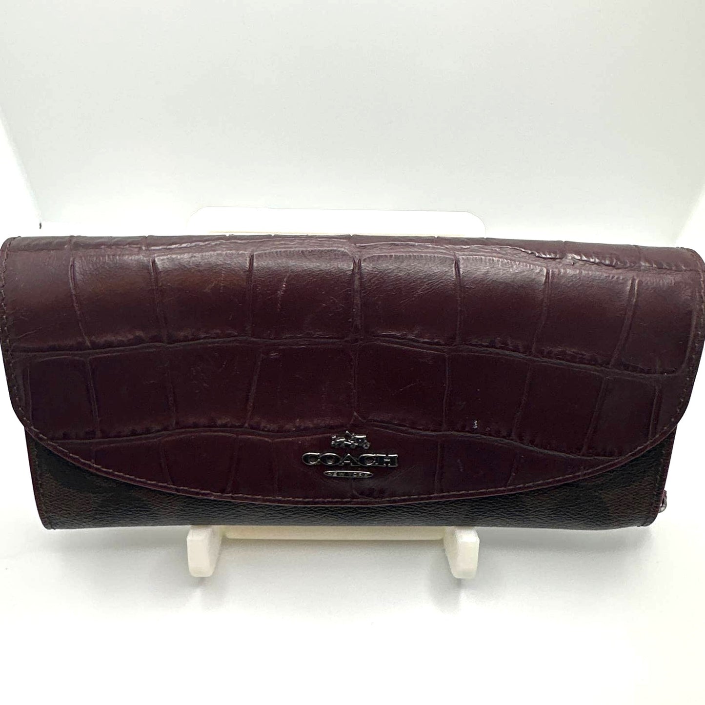 COACH QB Brown Oxblood Sig Mix Pop Slim Wallet