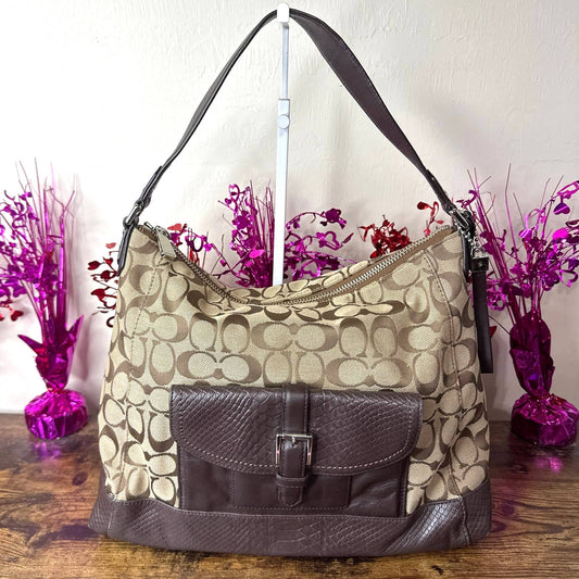 COACH Brown Signature Canvas Hobo Charlie Python Shoulder Bag