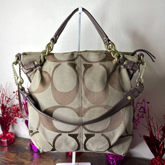 COACH Brown and Tan Signature Canvas Hobo Shoulder Bag