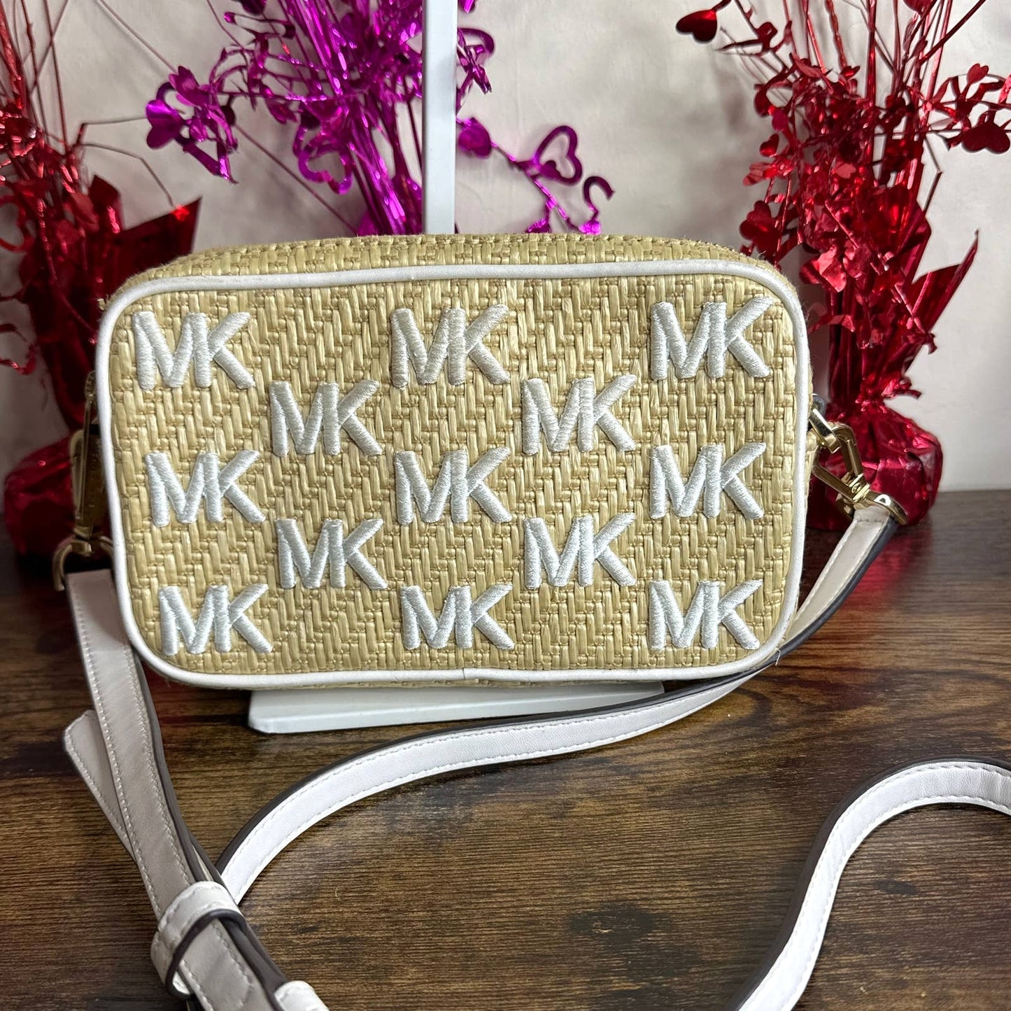 MICHAEL KORS Kenly Double Zip Natural Straw Small Camera Crossbody